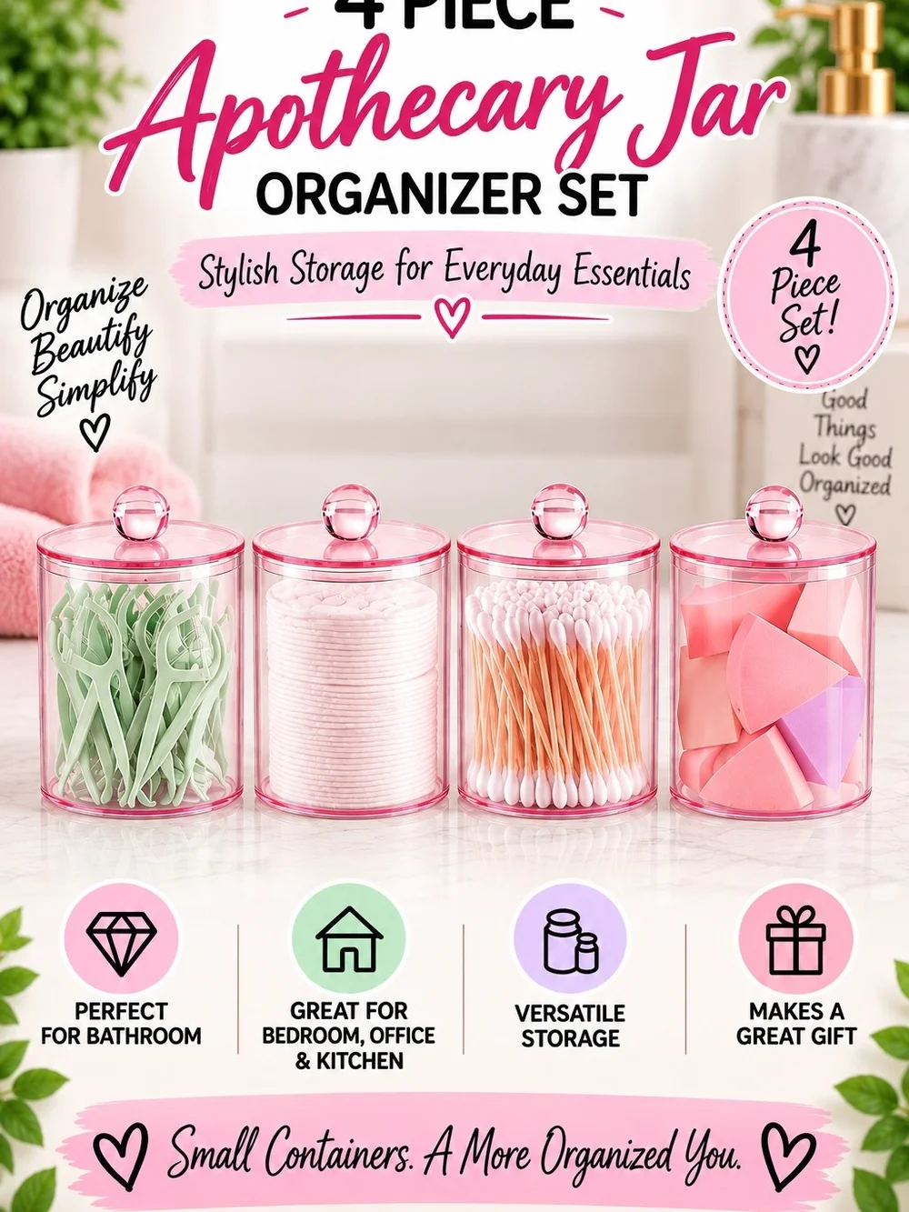4-Piece EUC Preloved Pink Apothecary Jar Organizer Set (8 Total Pieces)